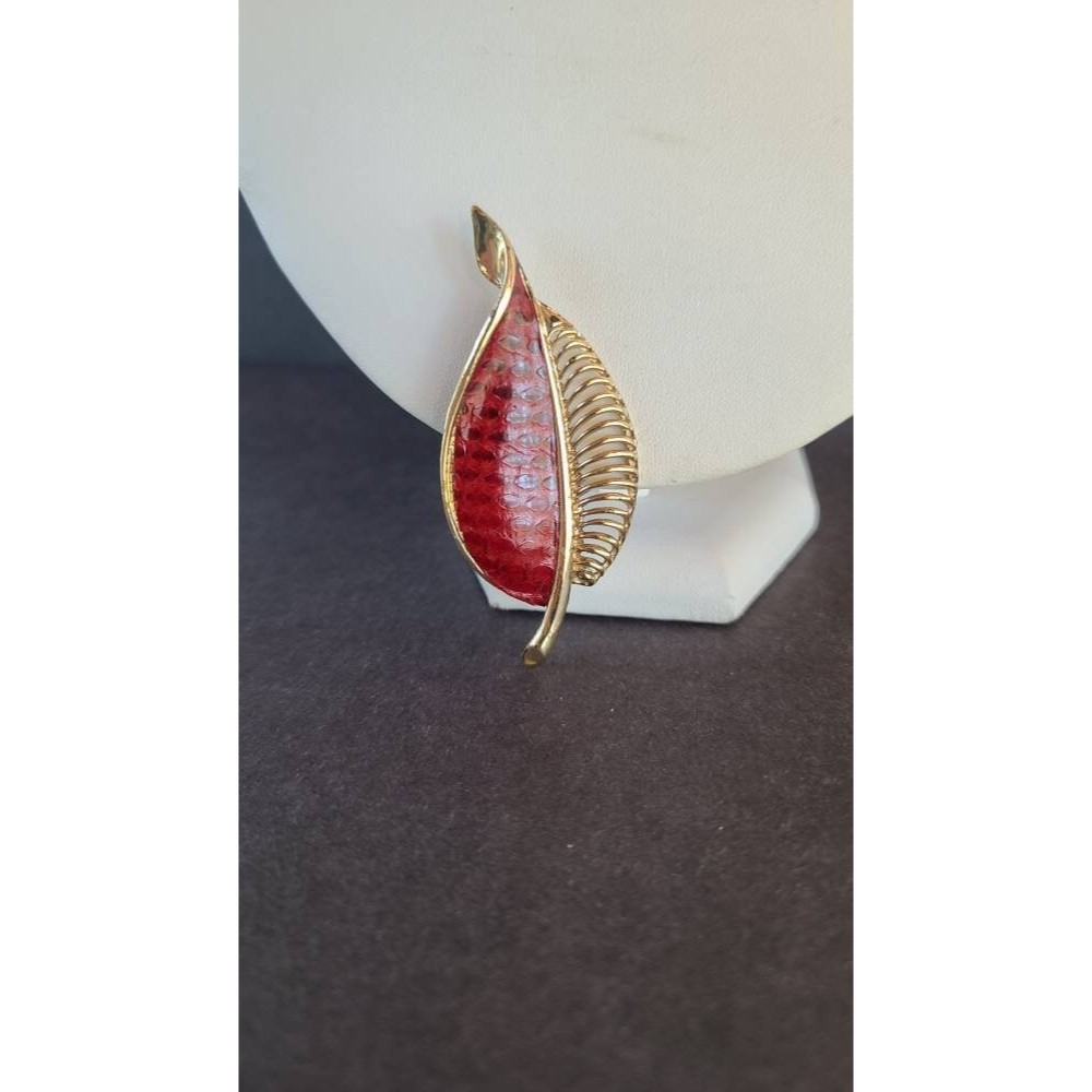 Red Leather Filigree Gold Leaf Brooch